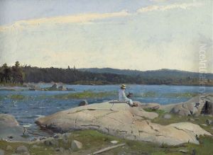Kleiner Junge Der Bourgeoisie Mit Seinem Hund Auf Einem Felsen Im Stockholmer Scharengarten Sitzend