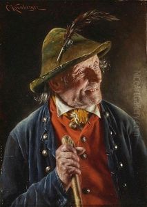 Bauer Mit Spazierstock Und Feder Geschmucktem Lodenhut