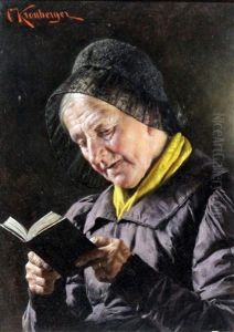 Shoulder Length Portrait Of A Gentleman Smoking A Pipe And A Lady Reading A Book (pair) by Carl Kronberger
