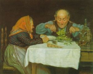 Altes Bauernpaar Bei Der Mahlzeit Am Tisch Altes Bauernpaar Bei Der Mahlzeit Am Tisch