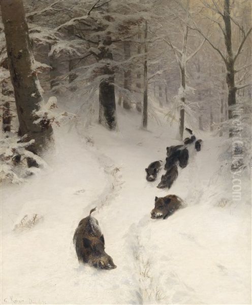 Wildschweinrotte Im Winterwald - view 1