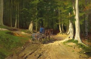Bauer Mit Seinem Fuhrwerk Auf Dem Waldweg by Christian (Johann Christian) Kroener