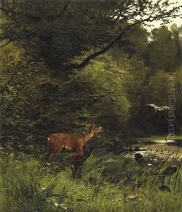 Am Waldbach. Ricke Mit Ihrem Kitz Beobachtet Zwei Reiher Im Wasser