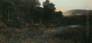 Es Taget Schon. Rotwild Am Waldrand Bei Sonnenaufgang. by Christian (Johann Christian) Kroener