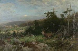 Rothirsch In Weiter Sommerlandschaft by Christian (Johann Christian) Kroener