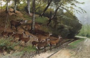 Hirsch Und Rudel Beim Queren Eines Waldweges by Christian (Johann Christian) Kroener