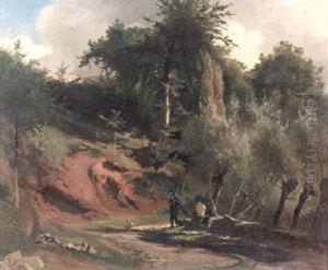 A Summer Landscape With Travellers And A Goat Resting By The Roadside by Christian (Johann Christian) Kroener