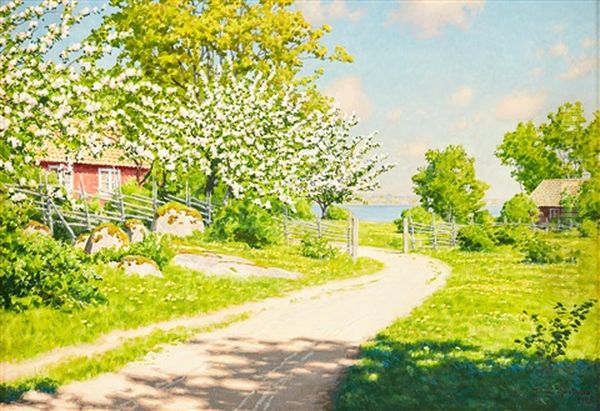 Sommarlandskap Med Blommande Frukttrad - view 1