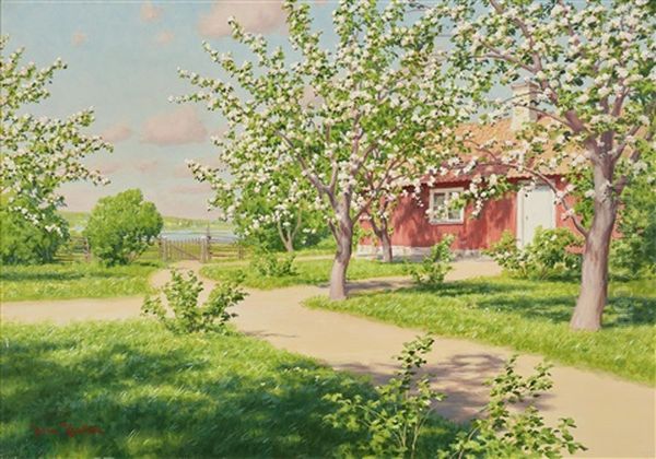 Blommande Appeltrad Med Rod Stuga - view 1