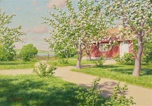 Blommande Appeltrad Med Rod Stuga by Johan Fredrik Krouthen