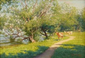 Strandlandskap Med Kor by Johan Fredrik Krouthen