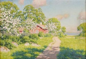 Forsommardag Med Blommande Frukttrad Vid Rod Stuga by Johan Fredrik Krouthen