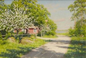 Landskap Med Blommande Appeltrad Langs Byvag Landskap Med Blommande Appeltrad Langs Byvag