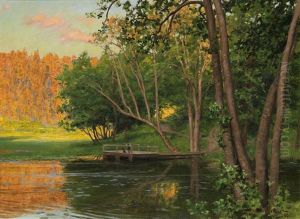 Sommarlandskap Med Figurer Pa Brygga Vid Insjo by Johan Fredrik Krouthen