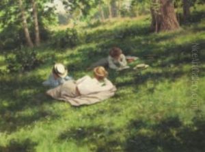 Tre Lasande Kvinnor I Sommarlandskap by Johan Fredrik Krouthen