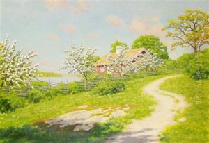 Sommarlandskap Med Blommande Frukttrad Och Stuga by Johan Fredrik Krouthen