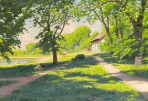 Sommarlandskap Med Betande Boskap Vid Vattendrag by Johan Fredrik Krouthen