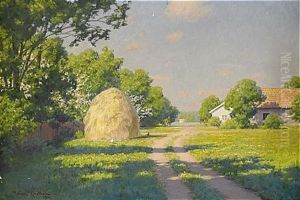 Sommarlandskap Med Hostack Och Gardsidyll Sommarlandskap Med Hostack Och Gardsidyll