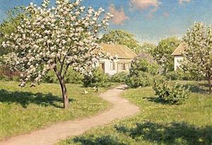 Gardstun Med Blommande Trad Och Pickande Hons by Johan Fredrik Krouthen