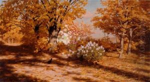 Hostlandskap Med Pickande Honor Vid Rhododendron by Johan Fredrik Krouthen