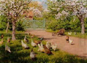 Solbelyst Gardsplan Med Pickande Hons by Johan Fredrik Krouthen