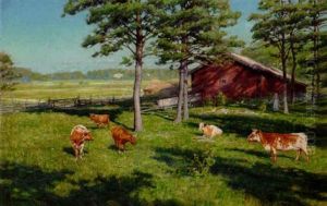 Sommarlandskap Med Kor Och Mjolkerska by Johan Fredrik Krouthen
