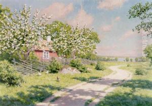 Sommarlandskap Med Pickande Hons, Blommande Appeltrad Och Rod Stuga