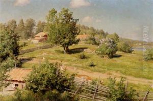 Sommarlandskap Med Stugor Och Pickande Hons
