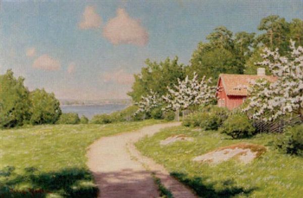 Sommarlandskap Med Blommande Appeltrad Och Rod Stuga - view 1