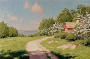 Sommarlandskap Med Blommande Appeltrad Och Rod Stuga Sommarlandskap Med Blommande Appeltrad Och Rod Stuga