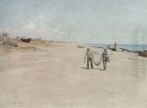 Fiskare Pa Stranden, Skagen by Johan Fredrik Krouthen