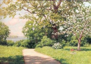 Soligt Sommarlandskap Med Blommande Syrener Och Frukttrad Soligt Sommarlandskap Med Blommande Syrener Och Frukttrad