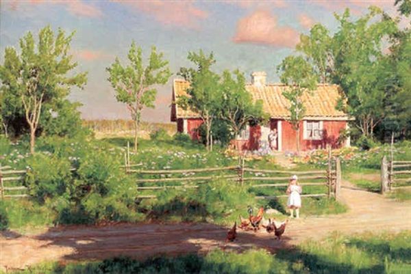 Sommartorpet - Landskap Med Barn Och Pickande Hons - view 1