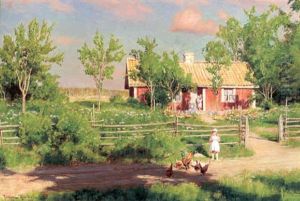 Sommartorpet - Landskap Med Barn Och Pickande Hons