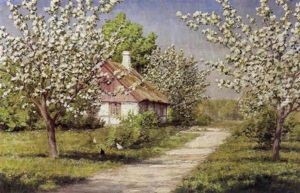 Forarsdag Med Blomstrende Frugttraeer Foran Et Gammelt Bondehus Forarsdag Med Blomstrende Frugttraeer Foran Et Gammelt Bondehus