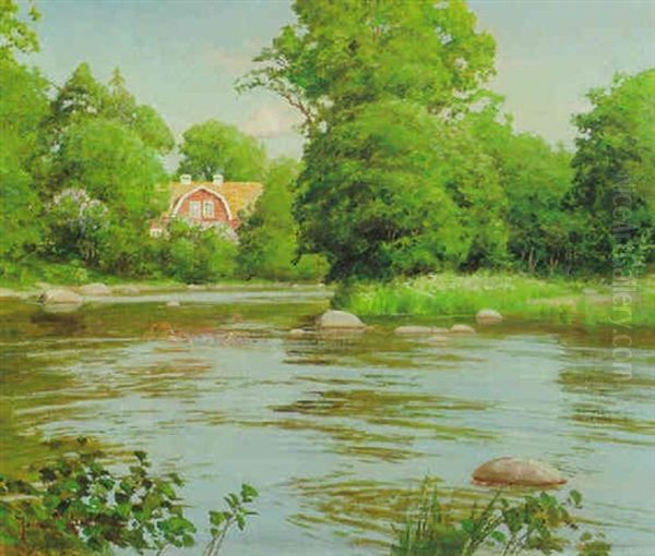 Sommarlandskap Med Vattentrag Och Rott Hus - view 1