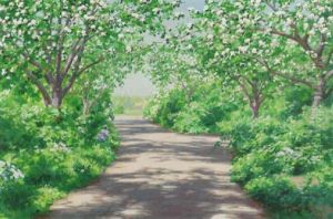 Sommarlandskap Med Blommande Appeltrad