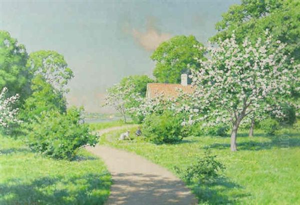 Sommarlandskap Med Blommande Appeltrad Och Manniskor - view 1