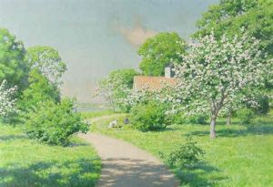Sommarlandskap Med Blommande Appeltrad Och Manniskor by Johan Fredrik Krouthen