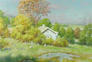 Landskapsvy Med Trad Och Vit Stugasensommar by Johan Fredrik Krouthen