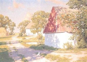 Landskap Med Blomande Appeltrad Och Pickande Hons