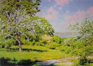 Sommaridyll, Med Rod Stuga Och Blommande Frukttrad by Johan Fredrik Krouthen