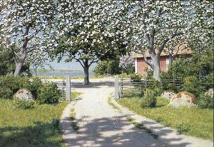 Sommarmotiv Med Blommande Frukttr,d Och R"d Stuga by Johan Fredrik Krouthen