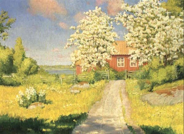 Svensk Sommaridyll Med R"d Stuga Och Blommande Frukttrad - view 1