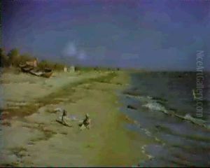 Strandmotiv Med Badande Barn- Motiv Fran Skagen by Johan Fredrik Krouthen