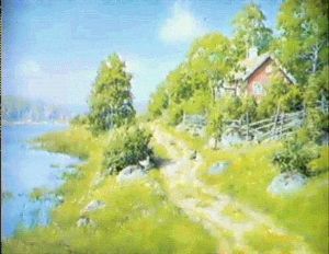 Landskap Med Rod Stuga Vid Sjo- Solig Sommardag by Johan Fredrik Krouthen