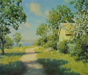Gul Stuga Bland Blommande Frukttrad Vid Sjo by Johan Fredrik Krouthen