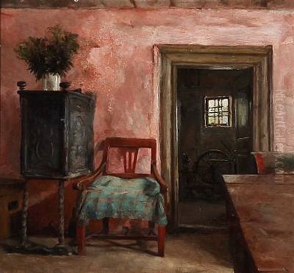 Rosy Interior With A Cast Iron Oven And A Spinning Wheel In Room Next Door - view 1