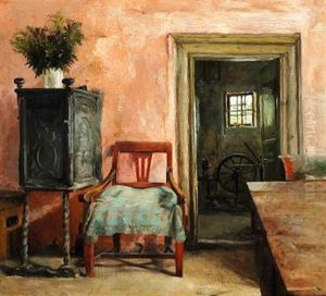 Rosy Interior With A Cast Iron Oven And A Spinning Wheel In The Room Next Door by Marie Kroyer