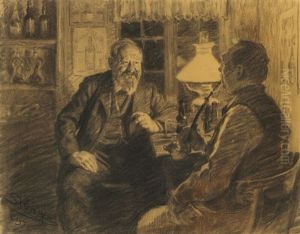 Interior From Skagen With The Author Sophus Schandorff And A Man Smoking A Pipe by Peder Severin Kroyer